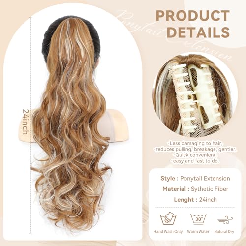 Image of 24 inch Ponytail Extension, Long Curly Wavy Claw Clip and Natural-Looking Synthetic Hairpiece, Voluminous Pony TailHair Extensions for Women Daily Wear. (Dark Blonde with Beige Blonde Highlights, 24Inch)