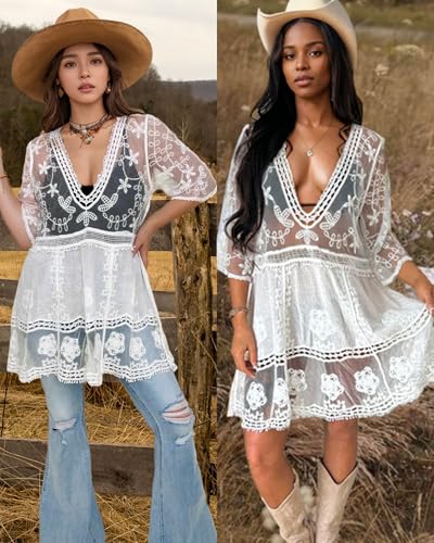 Bsubseach Women Lace Swimsuit Cover Up Bathing Suit Coverups V-Neck Swimwear Beach Vacation Dress4