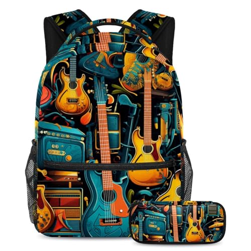 Sac à dos motif guitare avec trousse assortie pour voyage et école des ados