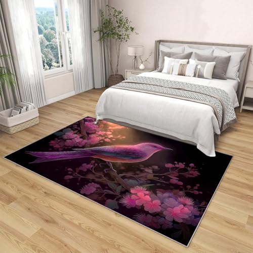 Tapis cerisier en fleurs oiseau rose violet grand format lavable machine