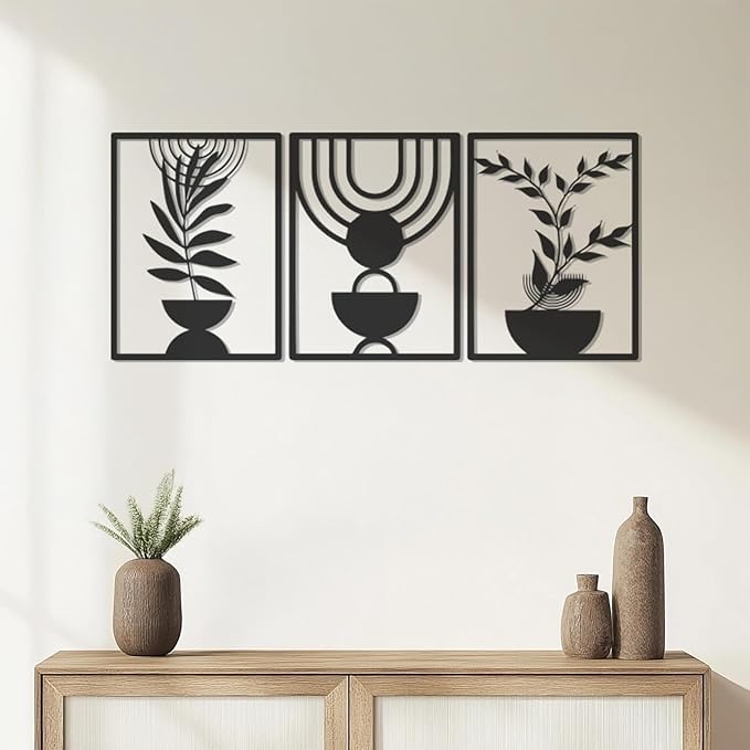 S2M CRAFTS Wooden Abstract Plant Wall Art – Set of 3 Black Wooden Panels with Modern Botanical Designs – Minimalist Boho Wall Decor for Living Room, Bedroom, Entryway, or Office