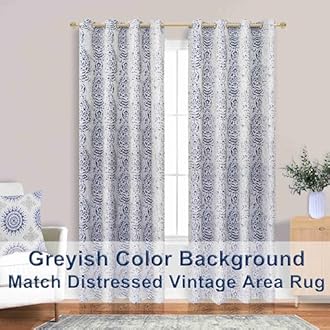 84 Inch Length Navy Blue Pattern Curtains for Living Room 2 Panel Set Grommet Damask Medallion Print Textured Grey Cream White Jacquard 50% Blackout Darkening Window Curtain Drapes for Bedroom