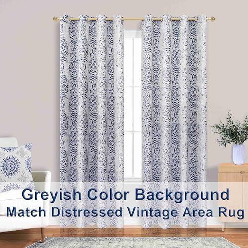 Indigo Blue Curtains 96 Inches Long for Dining Room Boho Distressed Damask Floral Patterned 50% Light Blocking Blackout Printed Curtains for Living Room Sliding Patio Door 96 Inch Length 2 Panel Set