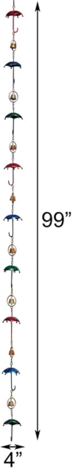 BestNest Set of 2 Ancient Graffiti Umbrella & Bell Rain Chains | Multicolored Iron Rain Chains with Umbrella Shapes & Bells | Decorative Downspout Alternative with Gutter Clips, 99" Each