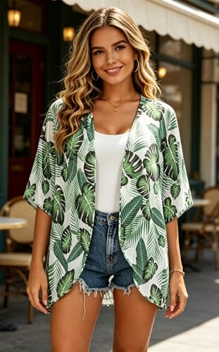 Image of FINOCEANS Womens Floral Chiffon Kimono Cardigans Loose Beach Cover Up Half Sleeve Tops
