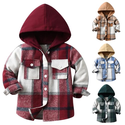 Winmany Little Boys Hooded Plaid Shirt Jacket Toddler Boys' Shacket Fall Spring Warm Lightweight Outerwear for 2-8 Years (US, Age, 3 Years, 4 Years, Red)