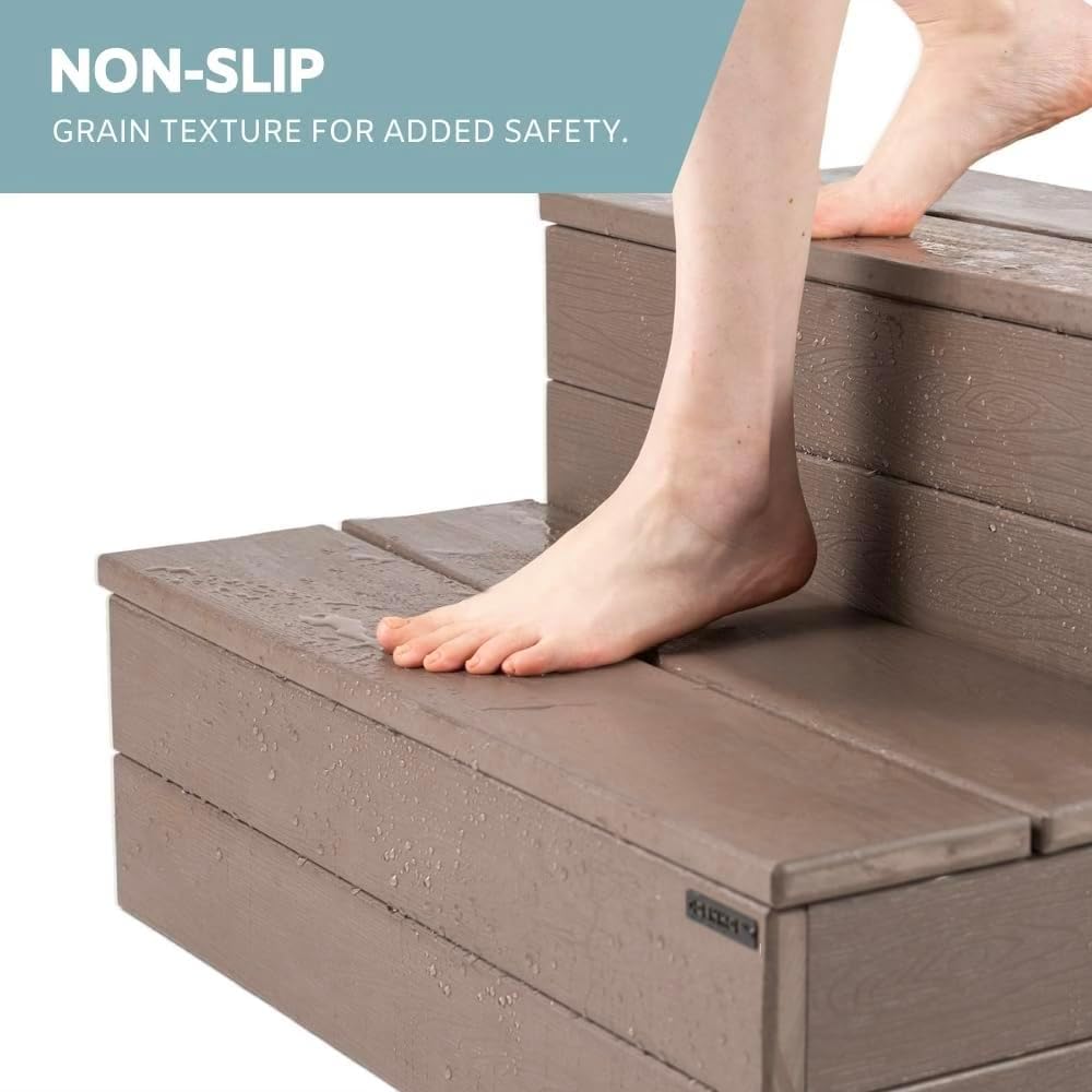 DENKOE Hot Tub Steps with Storage - Waterproof, Non-Slip & No Maintenance - Multi Angle Access - Ideal for Spa Steps, Hot Tub Stairs - Brown Spa Step for Outdoor