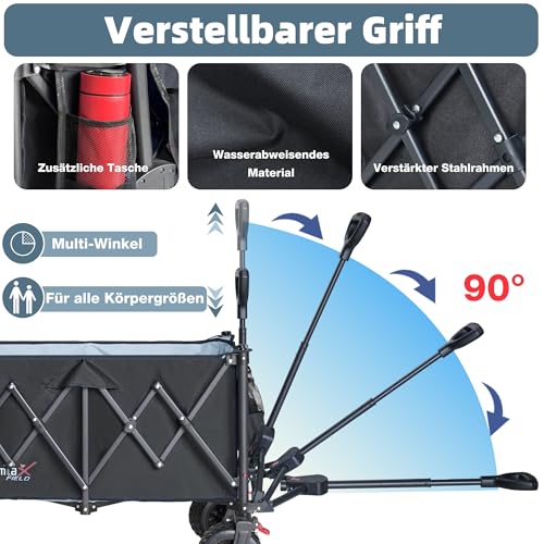 COMLAX FIELD Chariot Pliable 200L 200KG, Chariot Pliable avec Roues Larges, Chariot de Plage Pliable avec Freins, Charrette Noire – vue 5