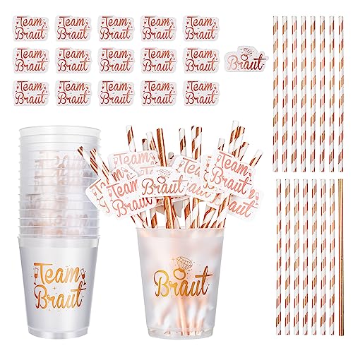 16 Stück JGA Becher Team Braut Zubehör Set für Frauen Frau, Rosegold Team Bride Tribe Plastik Cups Tassen Trinkbecher Mit Strohhalm Bride To be Aufkleber Accessoires für Junggesellenabschied Party
