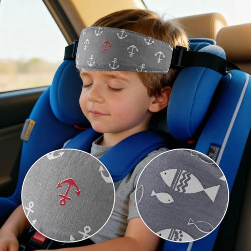 Image of Luckyiren 2-Pack Baby Head Support Straps, Cotton Ocean Theme with Fish and Anchor Prints, Adjustable Car Seat and Stroller Neck Support for Infants and Toddlers