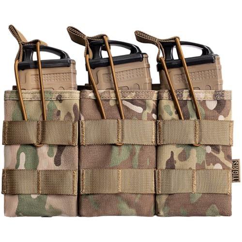 OneTigris Tactical Pistol Mag Pouch - Open-Top Triple 5.56mm Magazine Pouch for M4/M16/AR-15 & 5.56 AK Variants, with Elastic Rifle, Quick-Release Insert & MOLLE Compatibility (Camouflage)