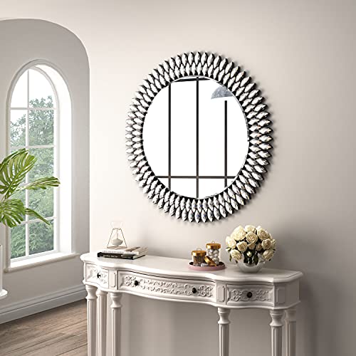 Yoayo Decorative Wall Mirror, Silver Crystal Mirror, Jeweled Accent Large Wall Mirror For Living Room, Circle Mirror Decorative Wall Art For Entryway Hallway Bedroom Home, Round Mirror 32 Inch #TOP1