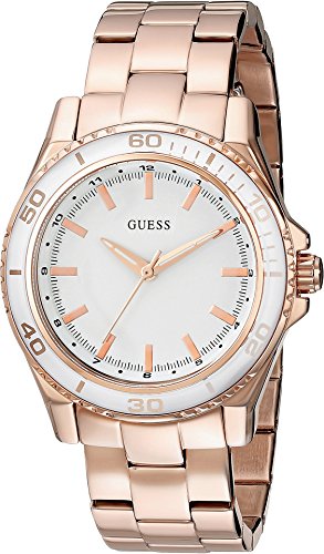 GUESS Women's U0557L2 Stainless Steel Rose Gold-Tone Mid-Size Watch with White Top Ring