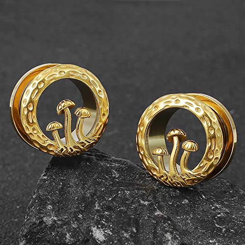 Lademayh 2 Pcs Mushroom Design Ear Plugs Tunnels Gauges For Women - Gold Stainless Steel 316L Body Piercing Basic Earrings For Stretched Earlobe 12Mm=1/2" #TOP3