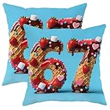 Erdbeer-Kissenbezüge, verspielte, fantasievolle Schokoladenwaffel, Geburtstag, Blau, mit verstecktem Reißverschluss, dekorative Kissen für Zuhause, Wohnzimmer, Schlafzimmer, Schlafsaal