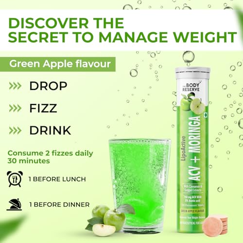 Image of The Body Reserve ACV Moringa Effervescent Tablets - Apple Cider Vinegar, Cinnamon, Moringa, Pomegranate | Supports Metabolism, Cravings, Digestion & Immunity | Green Apple Flavor | Pack of 4 (60 Tablets)