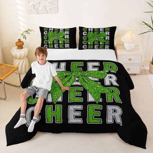 Image of Feelyou Cheer Comforter Set All Season Green Glitter Bowknot Bedding Set with 1 Pillow Cases Sport Cheerleader Microfiber Kids Twin Bedclothes Cheerleading Bedroom Decor Duvet Quilt Soft Lightweight
