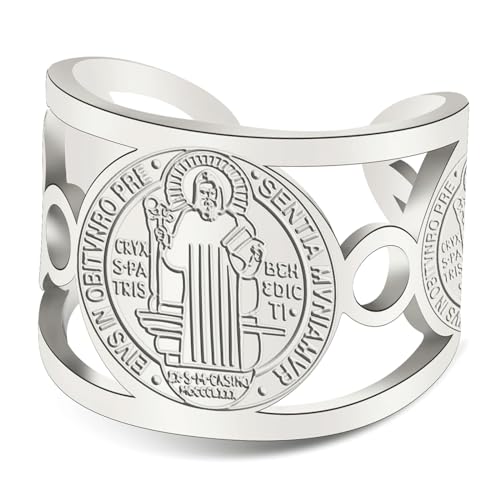 TEAMER Anillo religioso de San Benito Acero inoxidable Resizable Anillo de San Benito Fe Católica Cristiana Amuleto de protección contra el mal Joyería (Anillo San Benito - Plata, Ajustable)