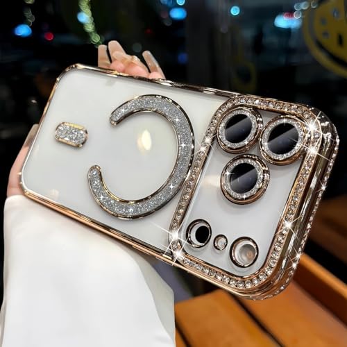 Image of for iPhone 17 Pro Max Magnetic Glitter Case,Luxury Bling Rhinestone Diamond Plated Bumper Case Sparkle Camera Lens Protection Clear Cover for iPhone 17 Pro Max (Gold)