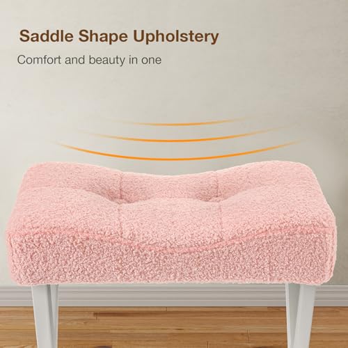 Image of Memobarco 18-Inch Vanity Stool Chair, Vanity Bench with Metal X-Legs, Ottoman Accent Stool with Breathable and Soft Boucle Fabric Saddle Seat, Pink