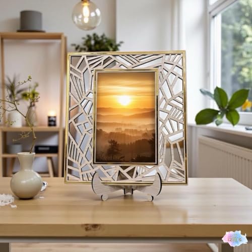 Image of Wooden Rectangle Picture Frame | Abstract Laser Cut Decorative Photo Frame with Acrylic Front | Wall Mount & Tabletop Display | Home & Office Decor (22x5x19 cm)