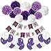 Produktbild Recosis Geburtstag Party Dekoration, Happy Birthday Wimpelkette Banner Girlande mit Seidenpapier Pompoms und Luftballons für Mädchen und Jungen Jeden Alters - Violett, Lavendel und Weiß