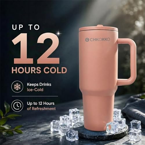 Image of CHKOKKO Stainless Steel Tumbler with Straw & Side Handle 1200ML Leak-Proof Travel Mug | Hot and Cold Double Insulated 1.2L Premium Water Bottle for Travel Gym & Office Use