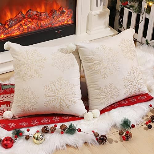 Lewondr Christmas Cushion Covers, 18"x18" Square Snowflake Embroidery Soft Velvet Throw Pillow Cases Xmas Holiday Home Decoration Pillowcases, White&Gold