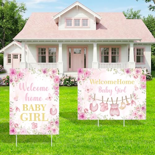 2Pcs Welcome Home Baby Girl Yard Sign Decorations Pink Floral Baby Shower Yard Signs with Stakes Its a Girl Lawn Sign for Birth Announcement Newborn Gender Reveal Party Garden Outdoor Decor