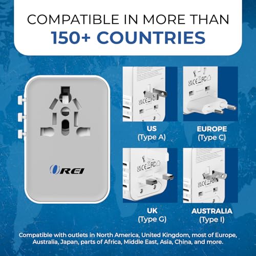 Image of OREI 25Watt Universal Travel Adapter | 2 (USB C) 1 (USB A) 4-in-1 Universal Power Adapter | | Type C, A, G, I Compatible | Universal Chargers for All Devices Compatible 150+ Countries