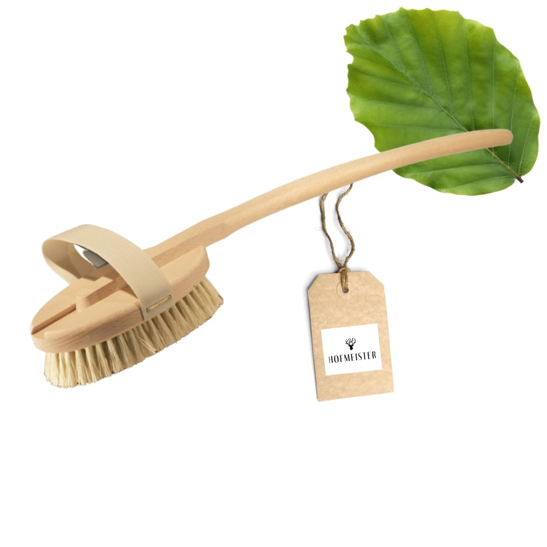HOFMEISTER® Badebürste, 47 cm, angenehme Reinigung & Massage des Rückens, sanft zur Haut Dank Fibre-Natur-Borsten, Peeling mit der Körperbürste, Handschlaufe & Abnehmbarer Stiel