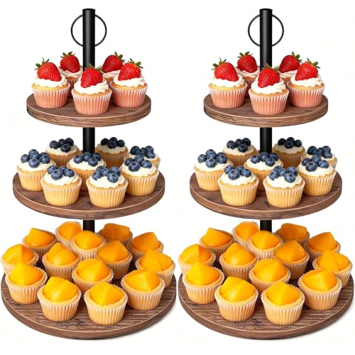 LZelriy Cupcake Stand 2 Pack Rustic Wood Cake Stand 3 Tier Cupcake Tower Round Tiered Tray Stand for Dessert Table Display Industrial Wooden Serving Stand Wedding Graduation and Baby Shower