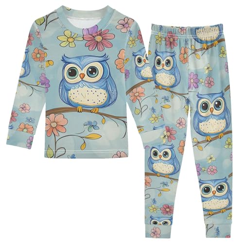 Fustylead Cute Cartoon Blue Owl on Branch with Flowers Pajamas Cotton Sleepover PJ Set Long Sleeve Lounge Wear