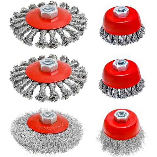 Image of 6 Pack Wire Wheel Cup Brush, 3 inch /4 inch Coarse Crimped Wire+Knotted Wire Cup Brush, 5 /8 Inch-11 Threaded Arbor, for 4 1 /2 Heavy-Duty Rust, Heavy Cleaning Rust Stripping Abrasive