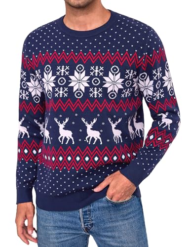 Aottori Suéter Navidad Hombre Jersey Navideño Unisex Reno Copo Nieve Cuello Redondo Manga Larga Invierno Cálido Pullover Punto Festivo Pareja Familia Hombre-Azul Marino L