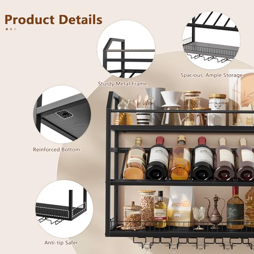 Image of Hoctieon Wall Mount Wine Rack, Wall Mounted Wine Bottle Rack for Display and Storage, Hanging Bottle Holder, for Living Room, Dining Room, Bar, Wine Cellar, Black
