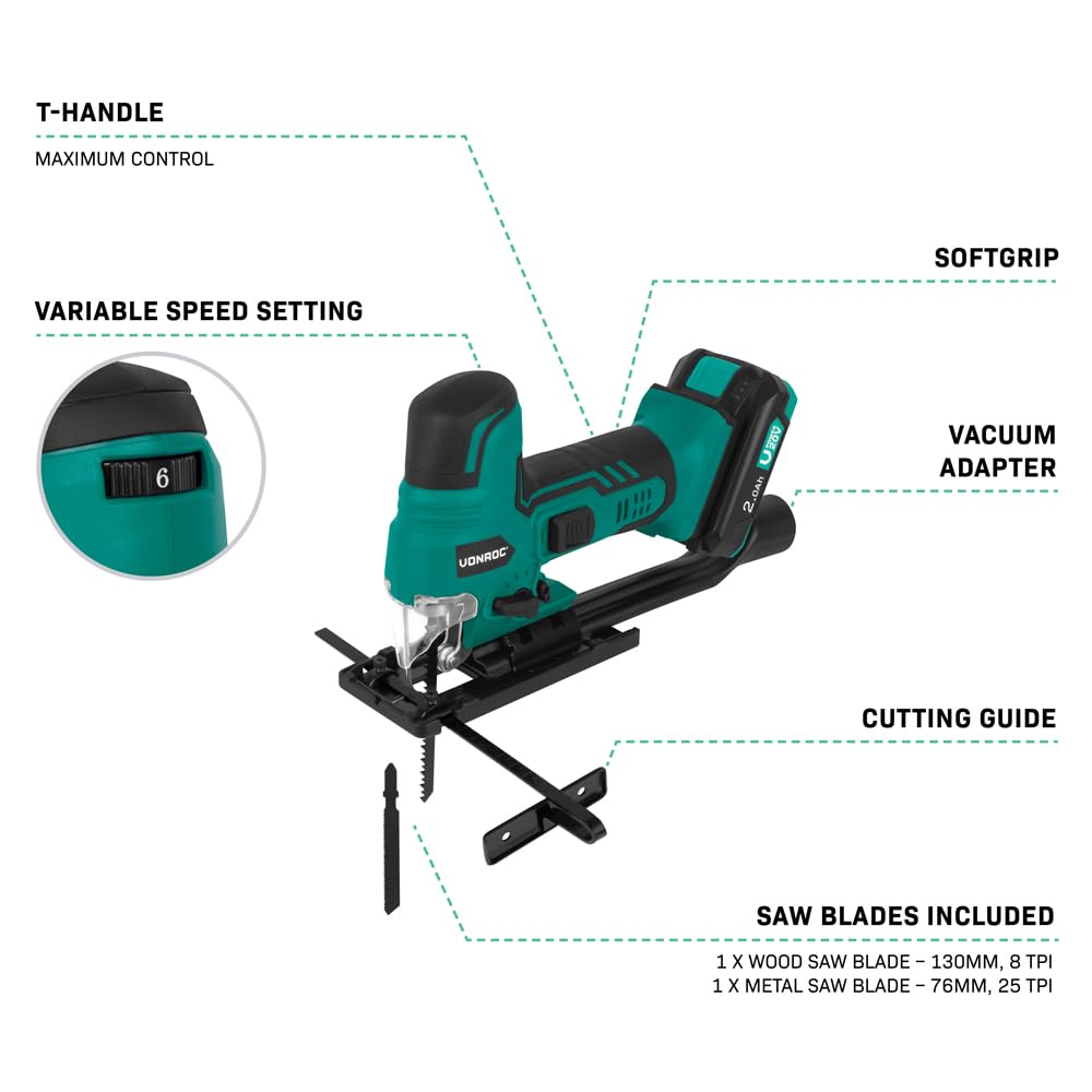 VONROC Wyrzynarka VPower 20 V - ergonomiczny uchwyt - regulowana prędkość obrotowa i kąt piły - w zestawie akumulator 2,0 Ah i ładowarka do szybkiego ładowania - 2 brzeszczoty (2x 2.0Ah)
