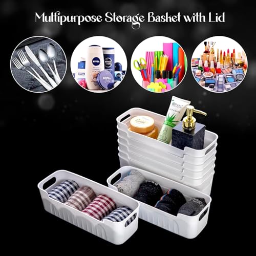 Image of Small Plastic Clothing Storage Basket, Compact Organizer Box with Handles for Drawers, Kitchen, Bathroom & Home, Durable, Lightweight, Multi-Purpose Plastic Organizer (Black, Pack of 4)