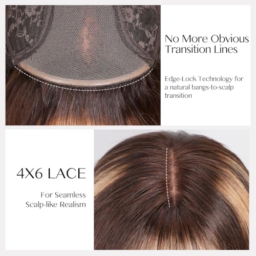Image of 6x4 Lace Ombre Brown Mixed Blonde Bob Real Human Hair Wig with Bangs for White Women Straight Layered Lace Front Closure Curtain Bangs 2 /27 Wear and Go Glueless 100% Human Hair Wigs 16 Inch