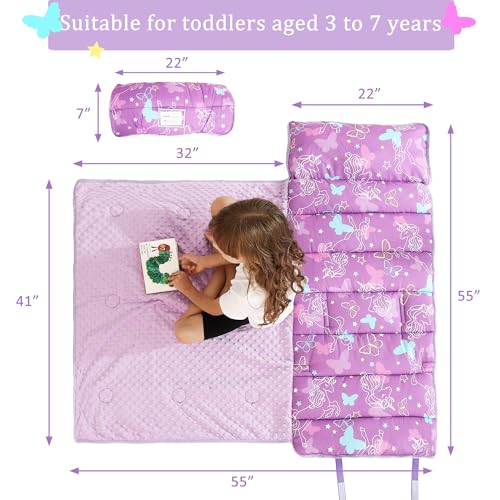 Image of Toddler Nap Mat for Preschool 50''x30'' Sleeping Mat with Removable Pillow and Minky Blanket for Kids Ages 3-7 Roll Up Soft Sleeping Bag for Boys Girls Kindergarten Daycare Sleepover