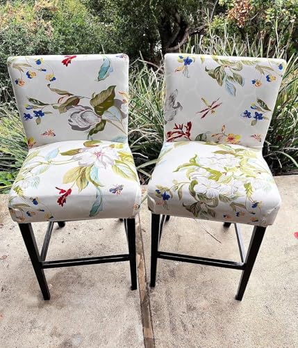 Image of SearchI Bar Stool Covers Set of 2, Stretch Washable Barstool Seat Covers, Counter Height Chair Covers for Kitchen Dining Room Cafe (Beige+Flower)