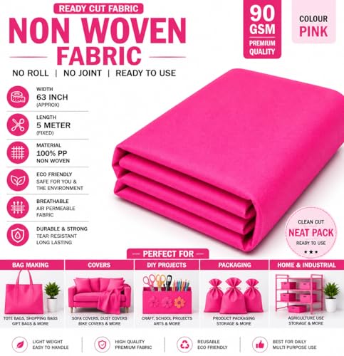 Image of Non-Woven Fabric 90 GSM | 63 Inch (160 cm) Width | 5 Meter Length | Multipurpose Fabric for Bag Making, Lining, Craft & Home Utility | Durable, Easy to Clean & Reusable | Pink