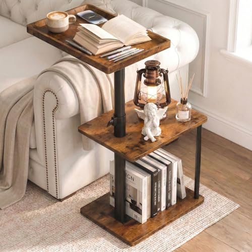 Image of Faesun C Table End Table Adjustable Height, 360Swivel TV Tray Table for Small Spaces, Small Nightstand for Living Room, Bedroom, Rustic