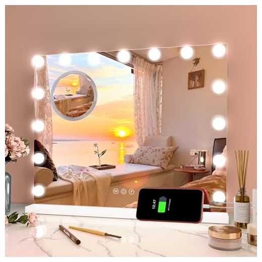 PortoAlegre Hollywood Schminkspiegel Mit Beleuchtung, Schminktisch Spiegel Mit 15 Lampen Und 3 Farbtemperatur Licht, Kosmetikspiegel Mit Touch Steuerung, 58 x 46 cm Weiß