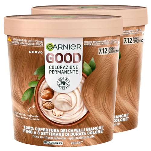 Garnier Good Tinte Colorante Permanente 7.12 Rubio Café Latte Hasta 8 Semanas Color Brillante y Luminoso Cubre el 100% de las Canas Fórmula Vegana Sin Amoniaco - 2 Paquetes