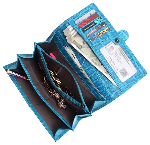 Image of WildHorn Women's Genuine Leather RFID Blocking Wallet | Tri-Fold High-Capacity Ladies Purse with Card Slots, Zipper Coin Pocket & Snap Closure | Ideal Gift for Women (Aqua)