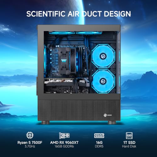 Image of NINGMEI Gaming PC AMD Ryzen 5 7500F RX9060 XT 16GB GDDR6 | 16GB DDR4 RAM 1TB Gen4 NVMe M.2 SSD,650W PSU WiFi Ready & Windows 11 Home Gaming Desktop Computer Black