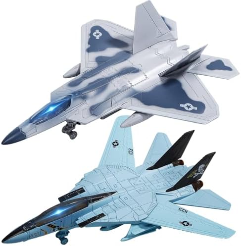 Double Fighter Jet Toy, F14 & F22 Diecast Planes with Lights & Sounds, Pull Back Military Airplane Toy, Great Gift for Toddler,Kids, Boys