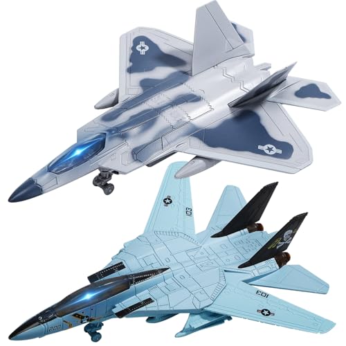 HOLYFUN Aviões de combate duplos F14 e F22 – Aviões de metal com luz e som, avião militar retrocesso, presente para crianças e crianças