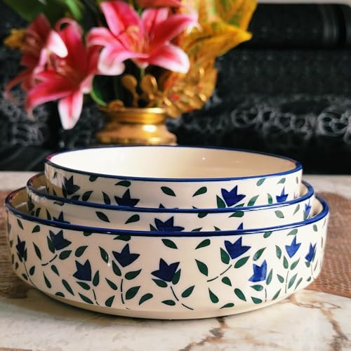 Image of Niyara Stoneware Handmade Ceramic Stylish Premium Serving Bowls /Salad Tray Microwave Dishwasher Safe (Blue Leaf Set of 3)